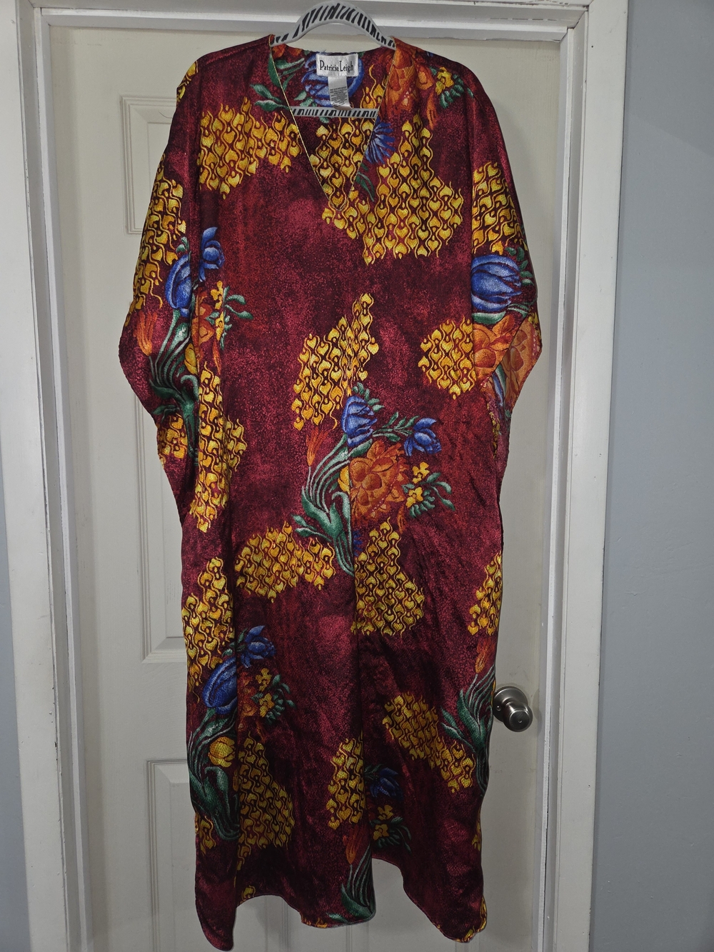 Vintage 90s Patricia Leigh Floral Kaftan | Vibrant Satin Mumu Loungewear One Siz